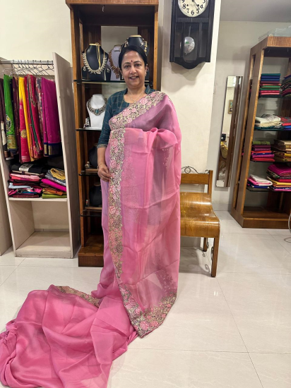 Organza Pink Cut Work Saree