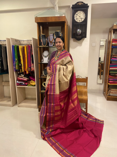 Meenakari Korvai Saree With Beige Brown Checks With Meenakari Border